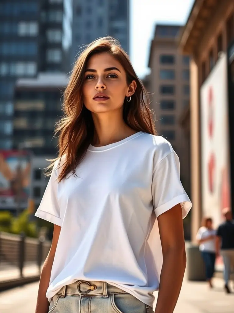 A stylish, eye-catching image of a comfortable, classic-fit T-shirt with a minimalist logo, presented in a lifestyle setting with a person casually wearing it outdoors to emphasize its everyday wearability in the current giveaway.
