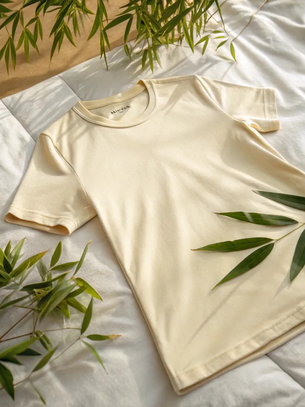 A visually appealing image of an eco-friendly T-shirt made from sustainable materials, displayed with natural elements like leaves and plants to emphasize its environmental benefits in the ongoing giveaway.
